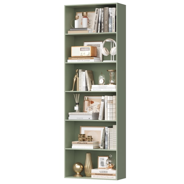 Homfa 6 Tier Tall Bookshelf and Bookcase in green, featuring a modern design with six open shelves for ample storage. Made of E1 grade MDF wood, it is sturdy and stable, with an anti-toppling device for safety. Ideal for living rooms, home offices, or libraries, it measures 70.8 inches in height, 23.6 inches in width, and 9.3 inches in depth. The shelves are styled with books, decorative items, and accessories, showcasing its versatility.