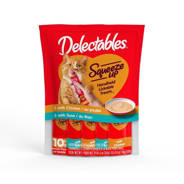 Delectables™ Chicken & Tuna Squeeze Up™ Cat Treat 10-pack with 5 chicken and 5 tuna lickable puree treat tubes in red packaging, showing an orange tabby cat licking a treat from a hand and a bowl of creamy cat treat, suitable for interactive feeding or as a topper to entice finicky eaters.