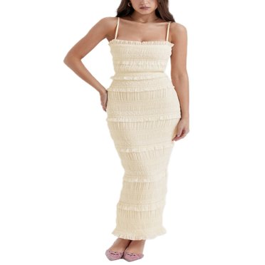 EIMELI Women‘s Bodycon Maxi Dress Summer Pleated Lace Trim Long Slip Dress Y2K Spaghetti Strap Square Neck Tiered Party Dresses