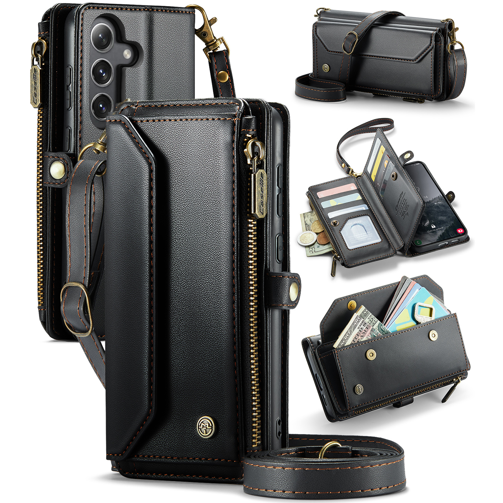 ShieldFlex for Samsung Galaxy S25 FE Wallet Case with 10 Card Slots Zipper Pocket,PU Leather Magnetic Flip Folio Wristlet Shoulder Strap S25 FE 5G Phone Case Wallet for Women Men,Black