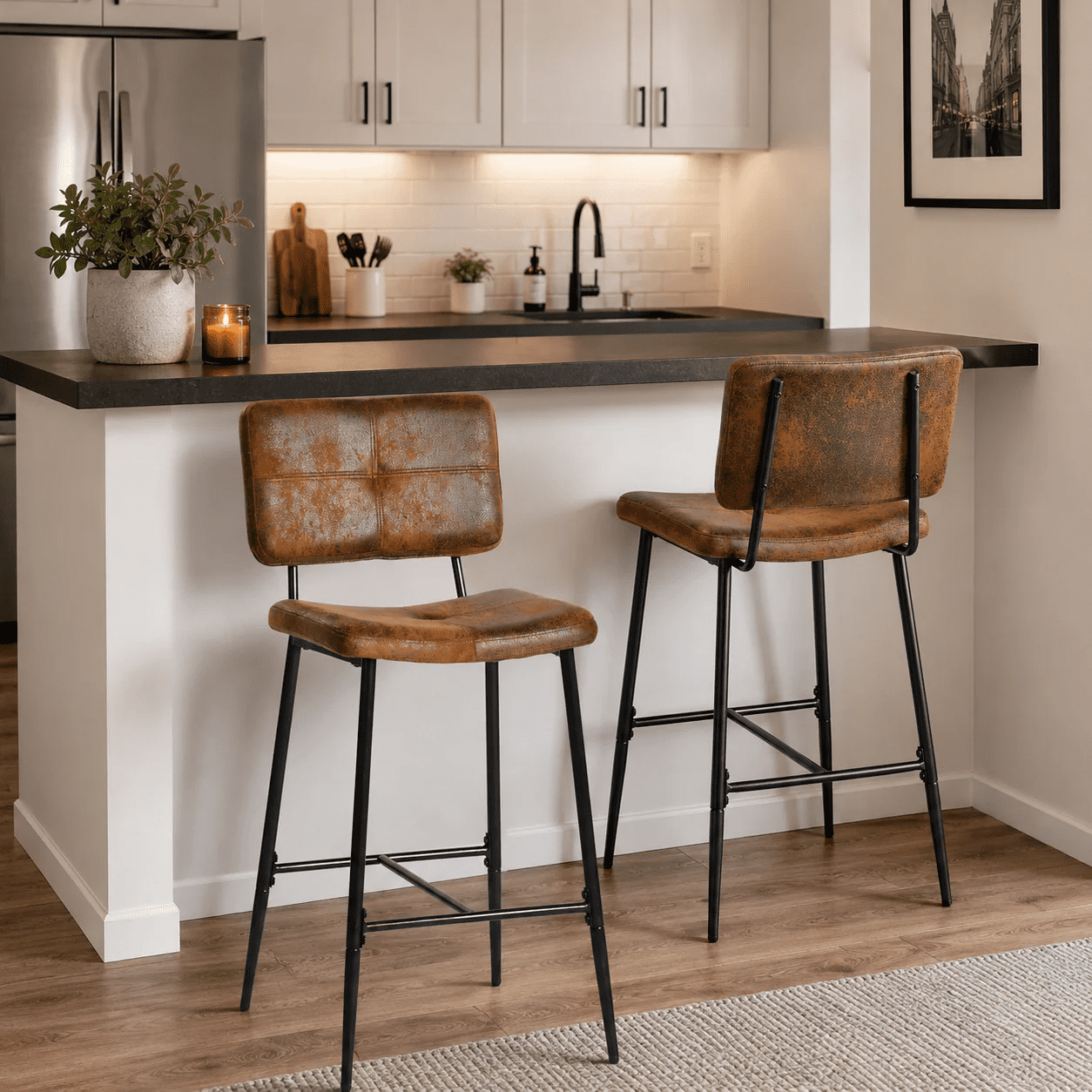 Homy Casa Metal Frame Counter Stools Set of 2, Brown Upholstered Bar Chairs with 250 lb Capacity