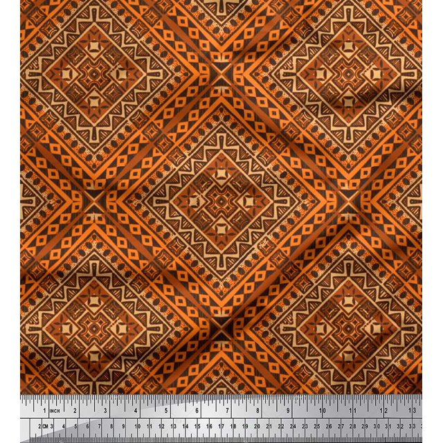 Soimoi Poly Georgette Fabric Check Kilim Printed Fabric 1 Yard 52 Inch Wide