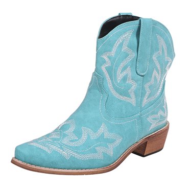 HBFAGFB Bottes pour Femmes Broderie Rétro Talons Carrés Bottines Courtes à Enfiler Bout Pointu Chaussures Bleues Taille 42