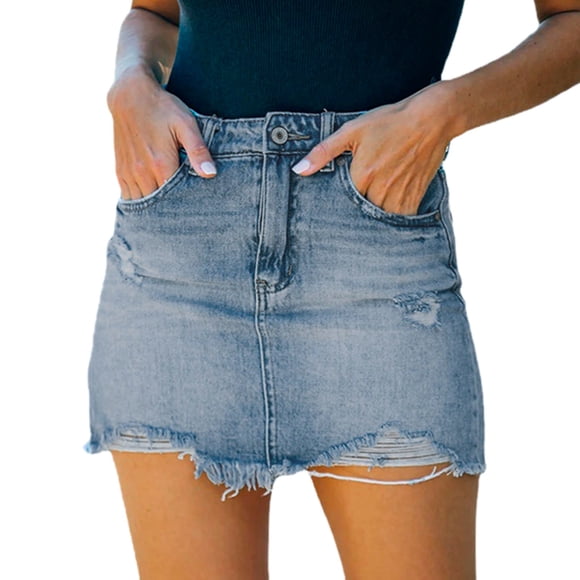 Womens Skirt Grass Skirts for Adults Sexy Denim Waist Casual Jean Skirt Women's A Line High Short Skirt Adult Female Clothes Blue Size L