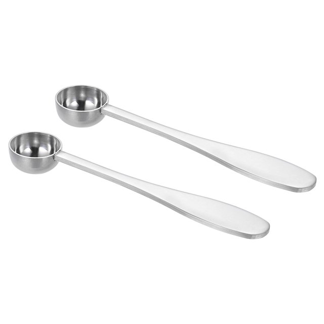 2 Pack 2.5 Ml TeaSpoon Scoop, Stainless Steel Measuring Spoon for Loose Leaf Tea, Silver. The image shows two silver stainless steel measuring spoons with a round bowl design and long handles. Each spoon has a capacity of 2.5 ml and measures 117x22mm (4.61x0.87 inches). Suitable for precise measurements of dry and liquid ingredients, these durable spoons are stackable for easy storage.