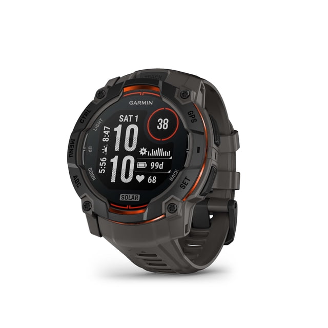 Garmin Instinct® 3 AMOLED GPS Smartwatch with Solar Charging in charcoal, featuring a 1.1-inch round display with time, date, heart rate, battery life, and solar charge indicators. The rugged 50 mm fiber-reinforced polymer case has a metal-reinforced bezel with orange accents and side buttons labeled GPS, SET, BACK, CTRL, LIGHT, MENU, ABC, and DOWN. The charcoal silicone strap includes ventilation slots and a buckle closure. Suitable for outdoor navigation, fitness tracking, and 24/7 health monitoring with multi-band GPS and wellness features.