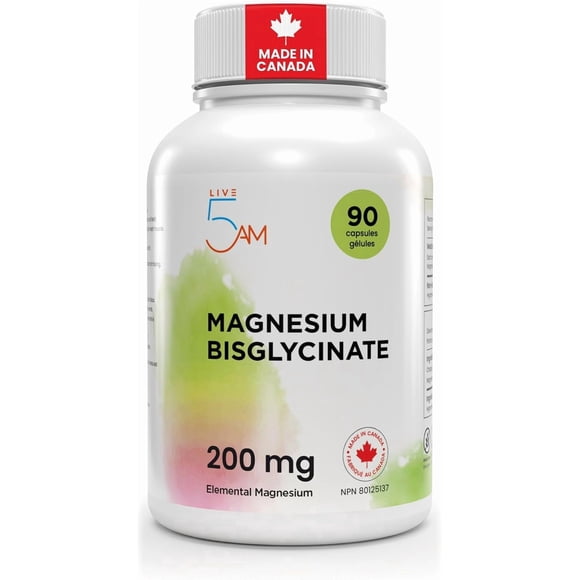 Live 5AM Magnesium Bisglycinate 200 mg, Supports Normal Muscle Function, Bones & Teeth, 90 Vegan Capsules, Made in Canada