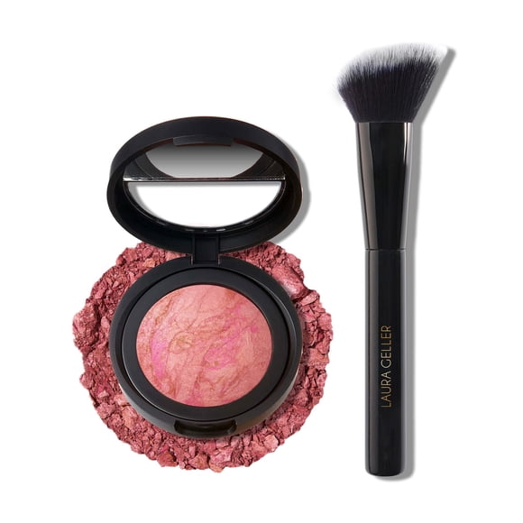 LAURA GELLER NEW YORK Fard à Joues Cuit-et-Illuminé Fard à Joues Marbré + Pinceau Fard à Joues Incliné (02 Rose Crème au Beurre, 47 mm)