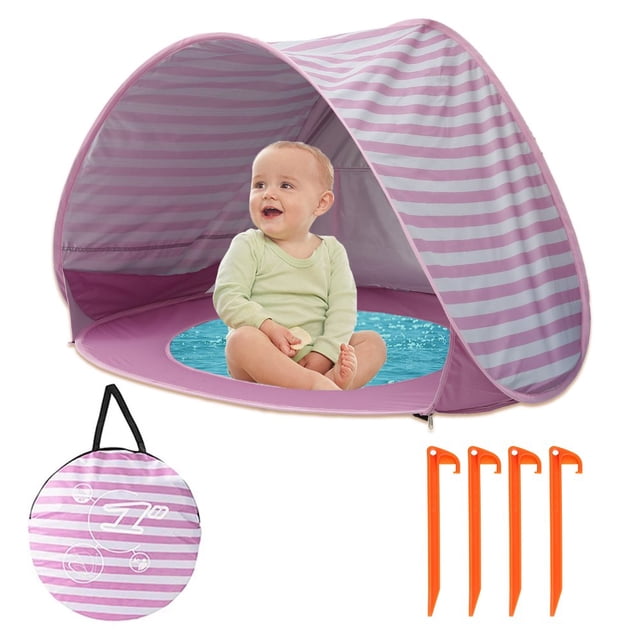Tente de Plage Pop-Up pour Bébé, Tente d'Ombrage pour Piscine pour Enfants, Protection Solaire UV SPF 50+, Abri Solaire de Plage pour Bébé avec Piscine Séparée pour Nourrisson Intérieur Extérieur (Rayures Vert Lac Rayures Roses)