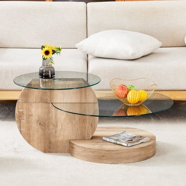 Table basse Noble House moderne et minimaliste en verre trempé, double plateau rond en verre, bois naturel