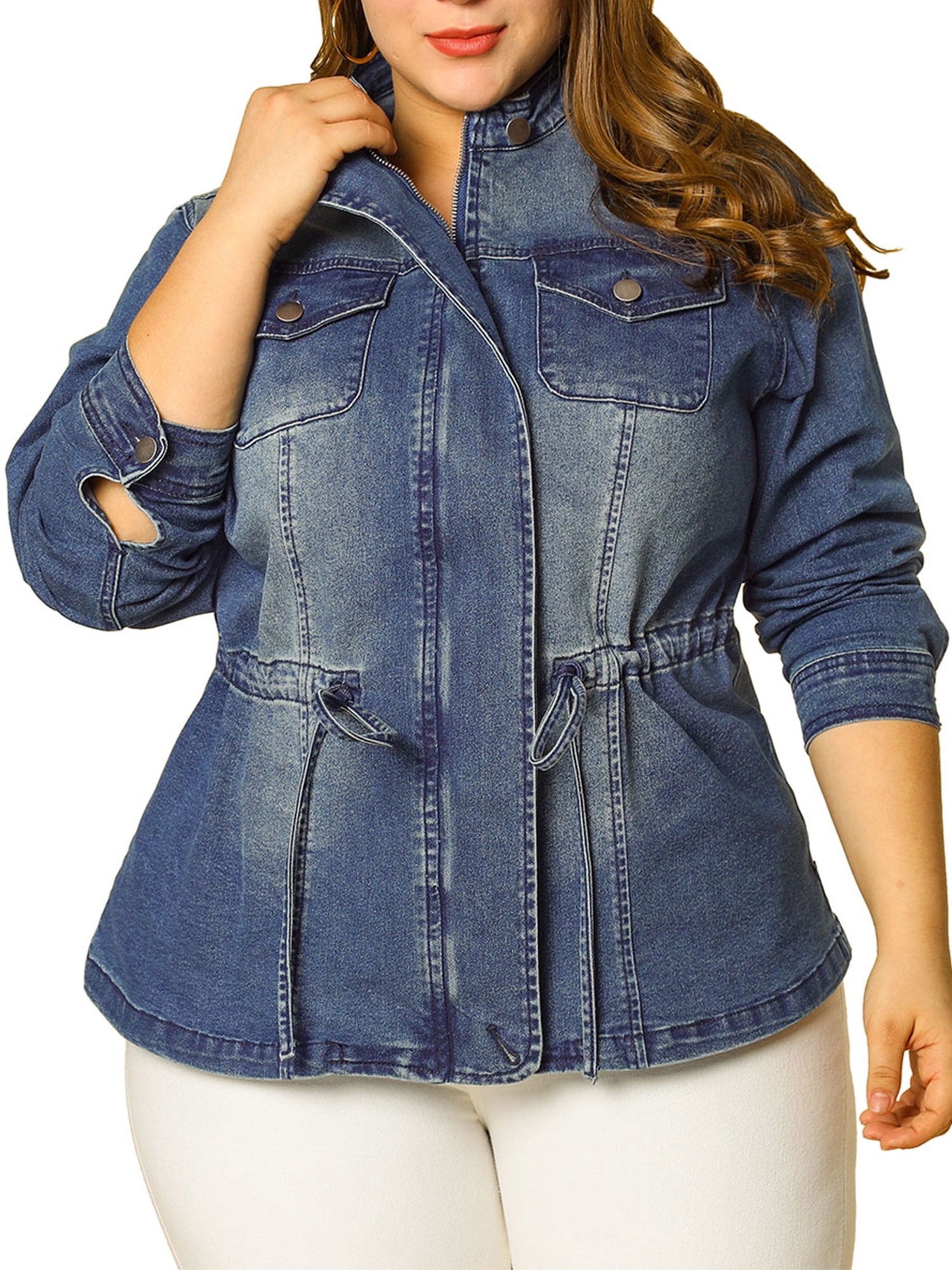 GRACE & GRANDEUR Women's Plus Size Stand Collar Zipper Denim Jacket