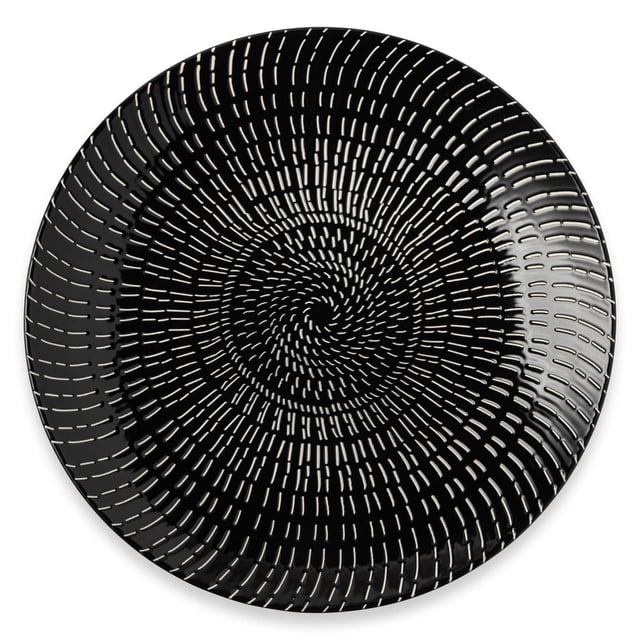 Thyme & Table Assiette à Souper Ronde en Grès, Collection Maddox, Montrant une Vue de Haut en Bas d'Une Assiette à Souper en Grès Noire avec un Motif de Tirets en Spirale Blancs, Idéale pour les Repas et les Réceptions, Convient aux Tenues de Table Décontractées Ou Formelles.