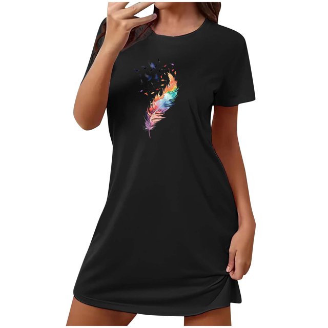 Mrat Jupe de Pyjama Assortie pour Femmes Chemise de Nuit Courte Surdimensionnée pour Femmes Mode Imprimé Poitrine Robe de Nuit à Manches Courtes P-105 Noir m