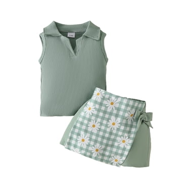 YWOAGH Stylish Toddler Girl Summer Outfit Ribbed Vest Top with Floral Plaid Shorts Playful Two Piece Set for Casual Daily Wear Green 2-3 Years