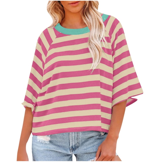 Penkiiy Chemise pour Femme en Lin à Manches 3/4, Chemise à Col Rond Unie à la Mode, Chemise à Manches Longues à Col Rond pour Femme/chemise 2TG Rose