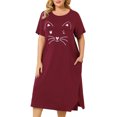 thumbnail image 1 of Agnes Orinda Nuisettes pour Femmes Grande Taille Fête des Mères Col Rond Manches Courtes Robe de Nuit Imprimé Chats Pyjamas Détente Maison avec Poche 3X Bourgogne, 1 of 6