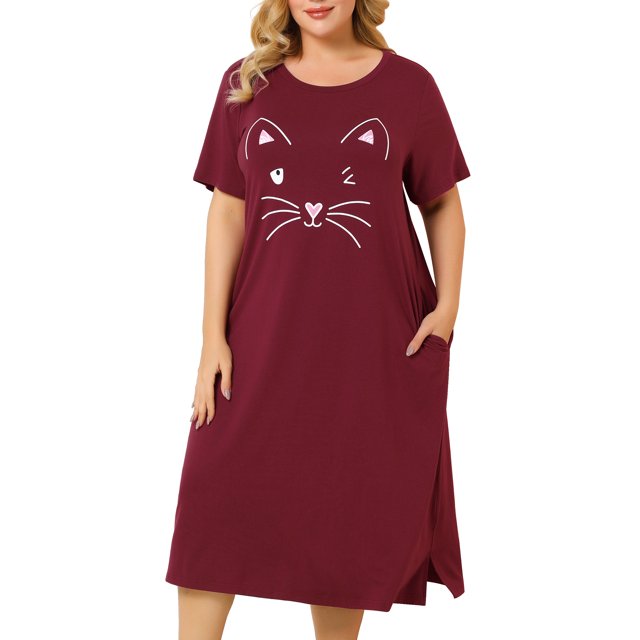 Agnes Orinda Nuisettes pour Femmes Grande Taille Fête des Mères Col Rond Manches Courtes Robe de Nuit Imprimé Chats Pyjamas Détente Maison avec Poche 3X Bourgogne