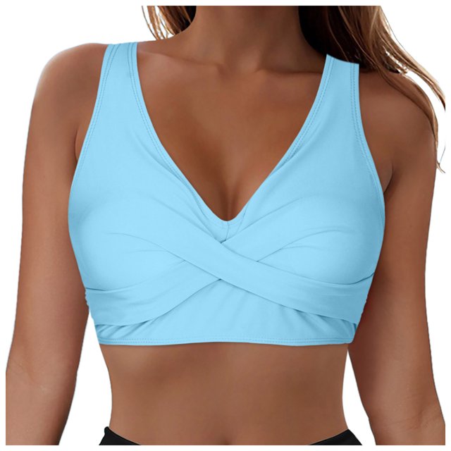 Huesdet Bikini Top for Women Swimsuit V Neck Ribbed Adjustable Spaghetti Straps Bathing Suit(Light Blue,M)