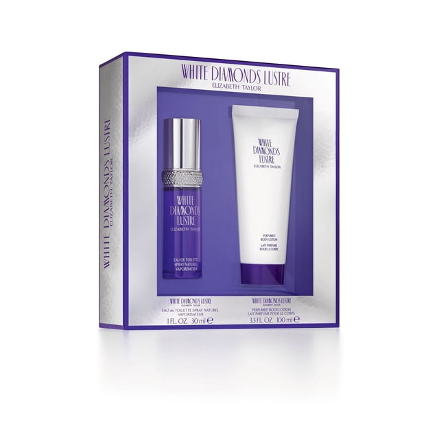 Elizabeth Taylor White Diamonds Lustre Coffret Cadeau avec un Vaporisateur eau de toilette de 30 ml dans une Bouteille Violette Comprenant un Capuchon Argenté et un Anneau Décoratif, et un tube Blanc de 100 ml de lotion pour le Corps Parfumée, Emballé dans une Boîte Argentée et Violette Convenant aux Ensembles-Cadeaux de Parfums et à la Superposition de Parfums.