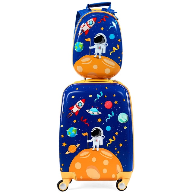 Costway 2PC Kids Luggage Set with an 18-inch rolling suitcase and a 12-inch backpack in navy blue, designed for children's travel. The set features a durable ABS hard shell with vibrant astronaut and space-themed graphics, including rockets, planets, and stars. The suitcase includes flexible wheels and an adjustable aluminum alloy handle, while the backpack has widened ergonomic straps for comfort. Lightweight and compact, ideal as carry-on luggage for kids.