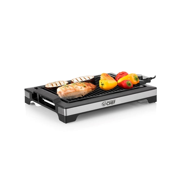 Gril électrique d'intérieur Commercial Chef, 1600 W, plaque antiadhésive 37,3 cm x 24,9 cm, thermostat réglable, CHIG20B, noir et acier inoxydable