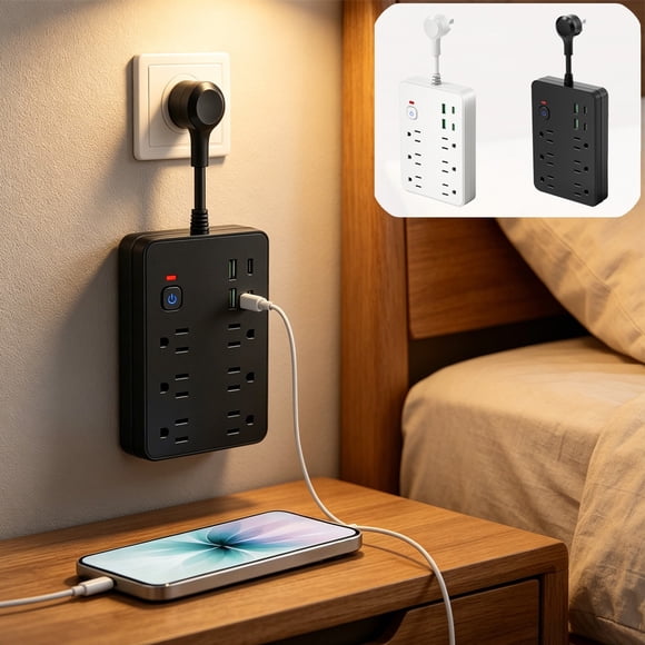 MTBLYS Multi Charging Socket 6 Ac Outlets 2 Usb 2 Usb C Ports Short Cord Travel Charging Station Compact Table Cube Home Office Dorm Use