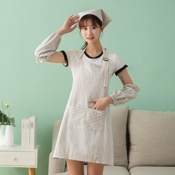 Women Household Kitchen Apron Three-piece Suit Cotton And Linen  Japanese Style Apron  Protect Hair/arms/clothes