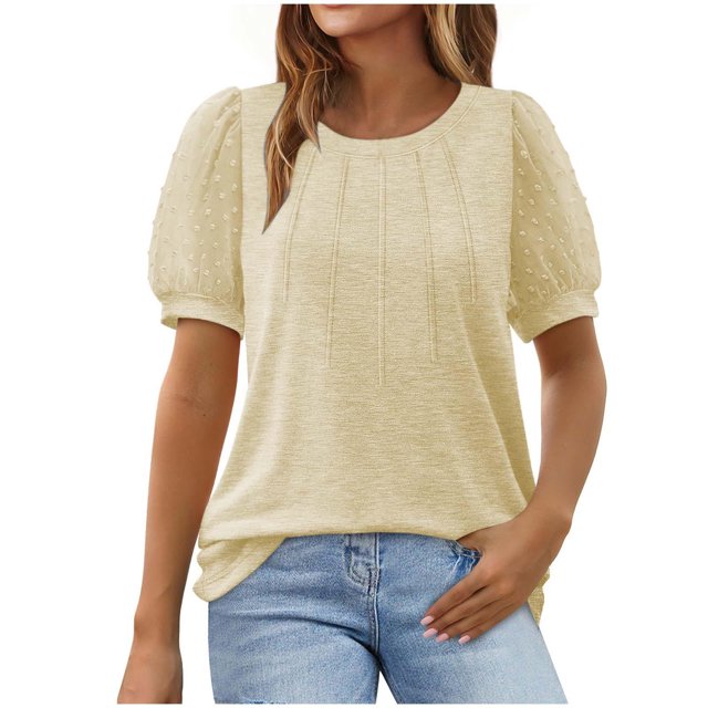 Timegard Hauts pour Femmes Col Rond Manches Courtes en Maille Bouffante Confortable Été Décontracté Ample Chemise Haut Blouse