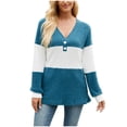 thumbnail image 1 of Lenpel Women's Tunic Tops Long Sleeve V Neck Quarter Button Color Block Ribbed Knit T Shirts Casual Loose Lightweight Sweaters(Blue,Small), 1 of 7