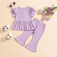 thumbnail image 4 of Plebaso Baby Girls Solid Color Ruffled Sleeve Round Neck Tops Elastic Waist Trousers Two-Piece Set Kids Casual Clothes, 4 of 7