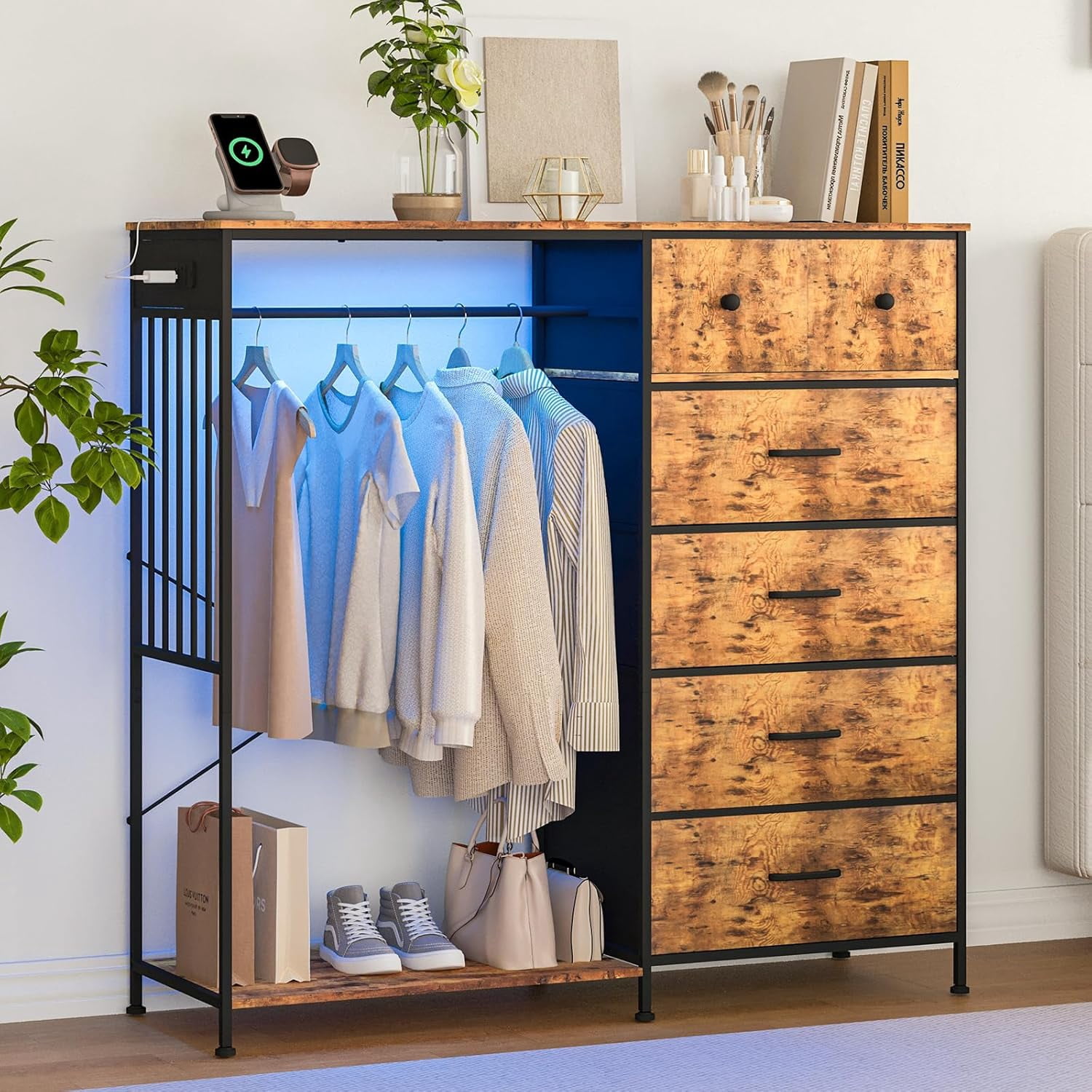 Dresser with Hanging Rack, Reversible 6 Drawers Dresser with Led Lights & Charging Station, Fabric Closet Dressers & Chest of Drawers with Clothes Rack for Girls