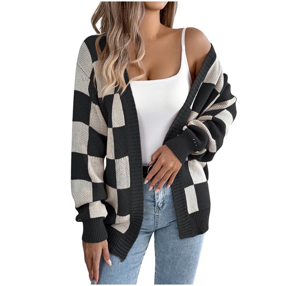 Women Tops Blouses for Women Crew Neck Sweater Color Block Plaid Cardigan Fall Winter Shirt 2025 Clothing