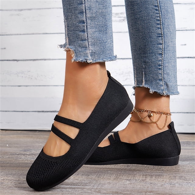 TOWED22 Ballerines pour Femmes, Chaussures Plates de Ballet pour Femmes en Tricot, Chaussures Habillées à Bout Rond à Enfiler, Ballerines de Marche pour Femme, Petit Talon Compensé, Confort, Souples, Noir