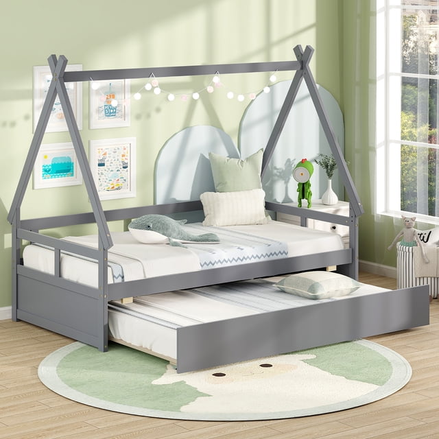 Gymax Lit Cabane Format Simple avec Tiroir-Lit Gris, Conçu pour les Chambres d'Enfants avec Cadre en Forme de Maison, Garde-Corps de Sécurité et support Robuste à Lattes en Bois. le Tiroir-Lit Est Allongé, Offrant une solution Gain de Place pour les Soirées Pyjama. Ensemble dans une Pièce Lumineuse et Ludique avec Éclairage Doux et Décor Fantaisiste.
