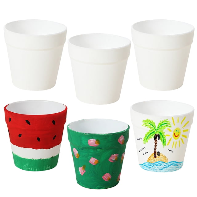 6PCS Succulent Pot Creative Blank Painting DIY Flower Pot Gardening Pot for Kids. This set features six white plastic pots with a mouth diameter of 9.5cm (3.74in) and a height of 9.3cm (3.66in). The blank surface allows for creative painting, as shown with examples of designs like a watermelon, floral patterns, and a tropical beach. Ideal for displaying succulents, live plants, or dried flowers, these pots are suitable for home or office use on desktops, balconies, or living rooms. Note: Painting supplies are not included.