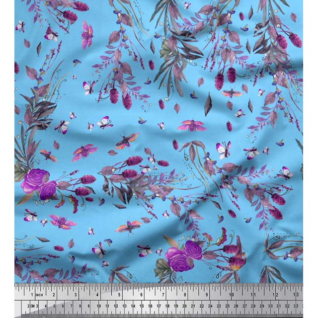 Soimoi Tissu Crêpe polyester Bleu Imprimé Insectes, Roses et Feuilles 1 Yard 42 Pouces de Large