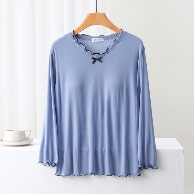 Ensembles de Pyjama pour Femmes Blouse Unie Décontractée Mode Col Rond Manches Longues Vêtements de Nuit Hauts