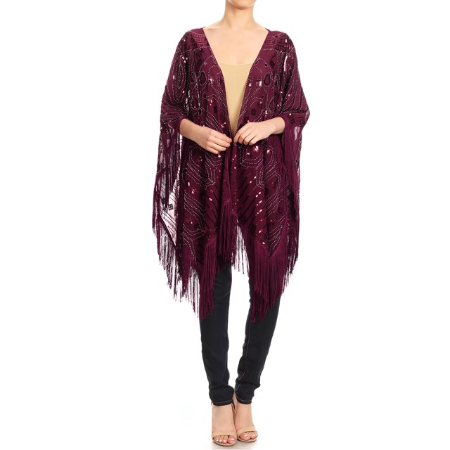 Womens Oversize Hand Beaded Fringed Sequin Evening Shawl Wrap