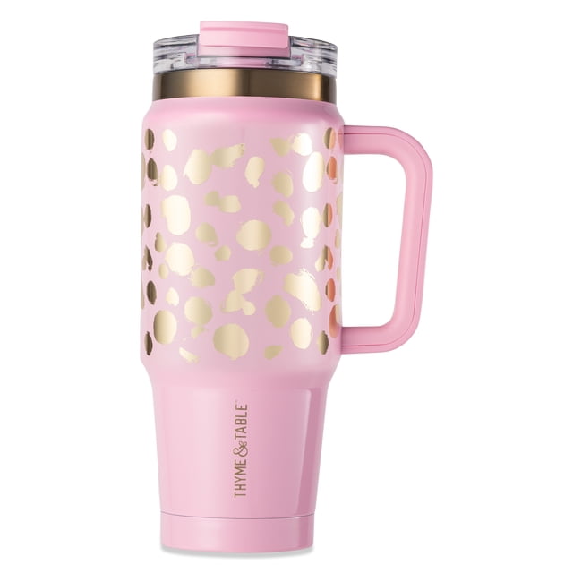 Thyme & Table 32oz Tumbler with Handle, Dual Straw Lid, Stainless Steel Double Wall Insulated, Pink & Gold Dot pattern, with a pink stainless steel body decorated with metallic gold spots, a sturdy handle, and a clear dual straw lid with pink flip closure. Keeps drinks cold for 18 hours and hot for 8 hours, condensation-free and fits most cup holders, suitable for commuting and outdoor hydration.
