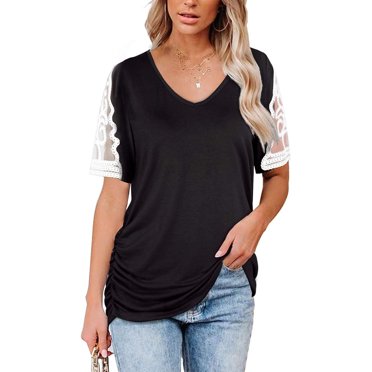 RXIRUCGD V Neck T Shirts for Women Women Hollow out Fashion Solid Color Short Sleeves T-Shirt Blouse Tops Womens Summer Tops Black