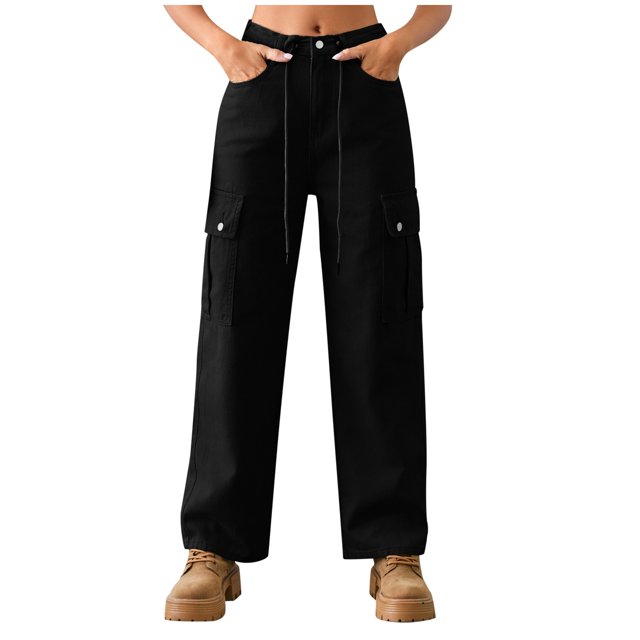 TJAZFJPA Palazzo Pants for Women Women Solid Color Denim Drawstring Adjustable Washed Cargo Pants Casual Pants Wide Leg Pants Women Plus Size Flowy Pants for Women