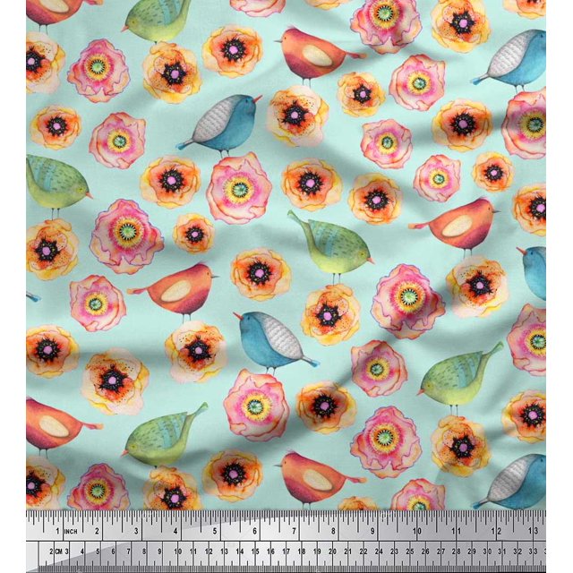 Soimoi Rayon Fabric Bird & Anemone Floral Printed Fabric 1 Yard 56 Inch Wide