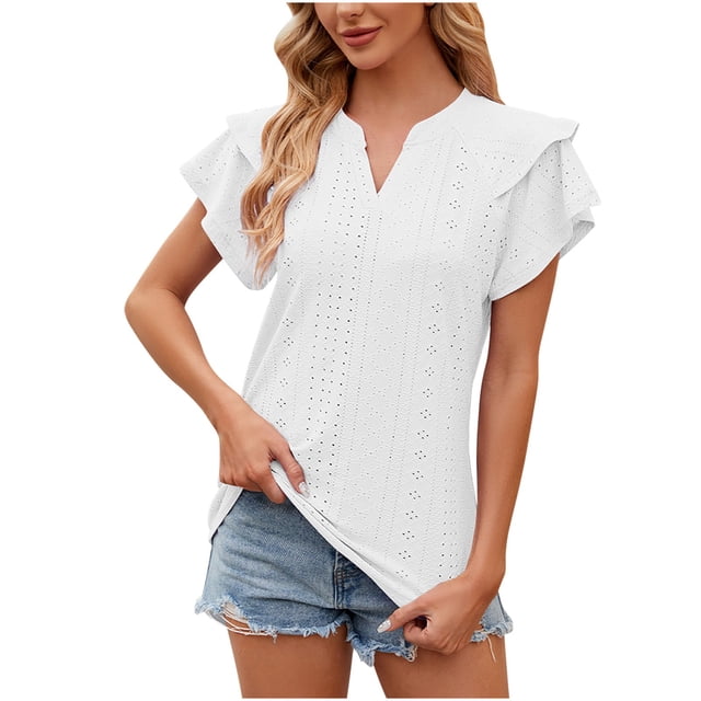 AherBiu Boho Tops for Women layered ruffle short sleeve tunic top with a notch V-neck, made of soft, breathable polyester fabric in solid white. Styled casually with denim shorts, this summer blouse is perfect for casual wear, office, or outdoor activities.