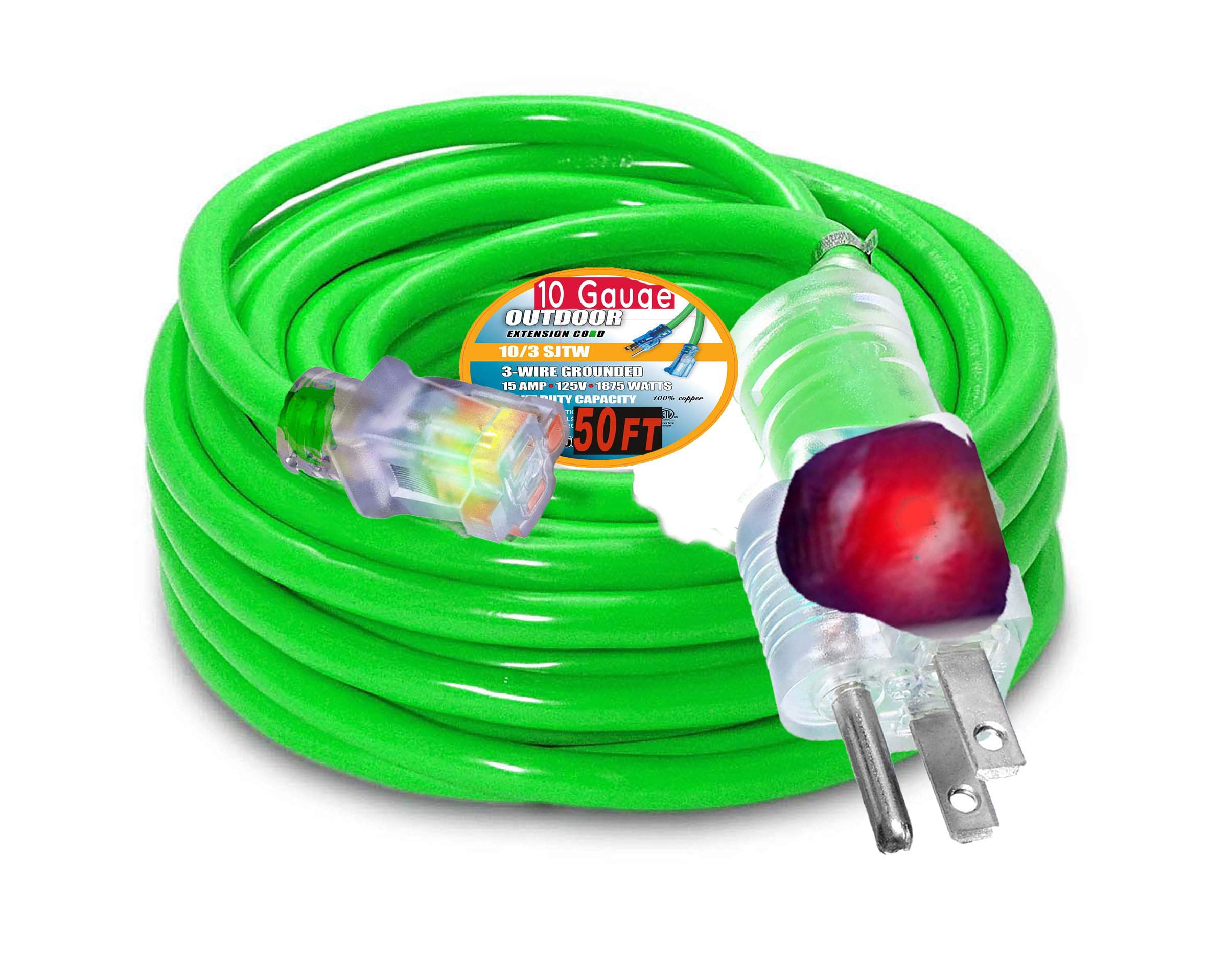 10 3 Contractor Grade 50 ft 10 Gauge Power Extension Cord 10/3 Plug Extension Cord with Lighted Ends 10 Gauge Extension Cord 50 ft Outdoor Heavy Duty 10/3 Extension Cord 50 ft, Green