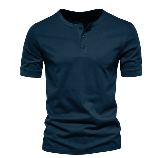 AherBiu Mens T Shirts Crewneck T-Shirts Button Casual Tee Shirts Summer Solid Basic Soft Tshirts Tops. This short-sleeve t-shirt features a crewneck design with a three-button placket, crafted from lightweight, breathable, and soft fabric in a solid dark blue colour. Ideal for pairing with jeans or shorts for a casual look, or layering under a jacket for summer or fall. Suitable for daily wear, workouts, travel, or lounging.
