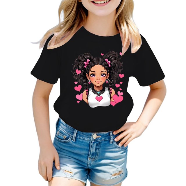 MEZZALL T-Shirt Graphique Mignon pour Fille, Col Rond, Manches Courtes, Tee d'Été Décontracté, T-Shirts Hauts, Noir, 3-4 Ans