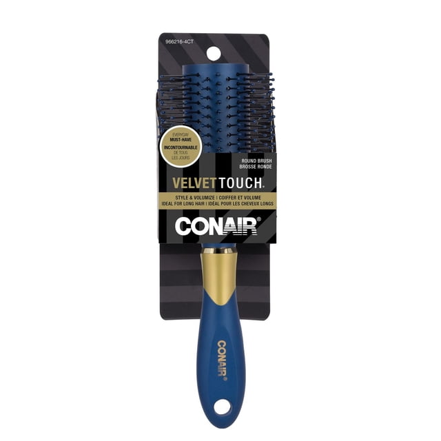 Conair Velvet Touch® Round Brush with blue metal barrel and black nylon bristles tipped in blue, featuring a gold and blue soft-touch handle with hanging hole, ideal for styling, volumizing, and blow-dry styling long hair while adding body and fullness.