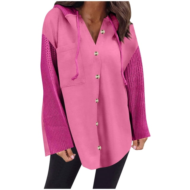 Swstbby Soldes d'Automne! Hauts d'Automne pour Femmes Grande Taille, Chandail à Capuchon à Manches Longues Patchwork Contrasté Décontracté Rose Vif TTG