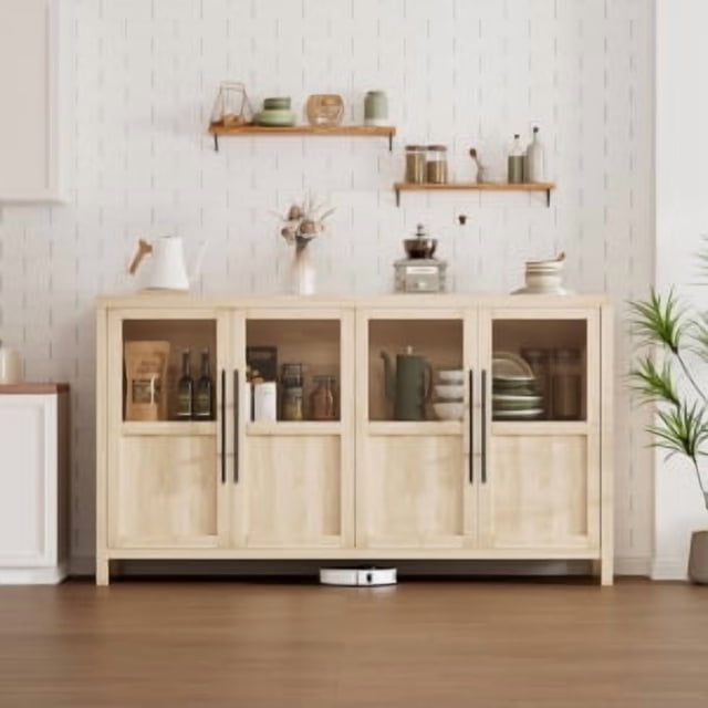 Armoire de Rangement avec Portes en Verre 55 Pouces Grand Buffet avec Rangement, Armoire de Rangement d'Accent Multifonctionnelle Table pour Cuisine Salle à Manger, Salon