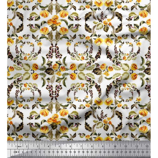 Soimoi Tissu en Poly Georgette, Imprimé Couronne, Feuilles et Roses, Tissu de Couture, Largeur 52 Pouces